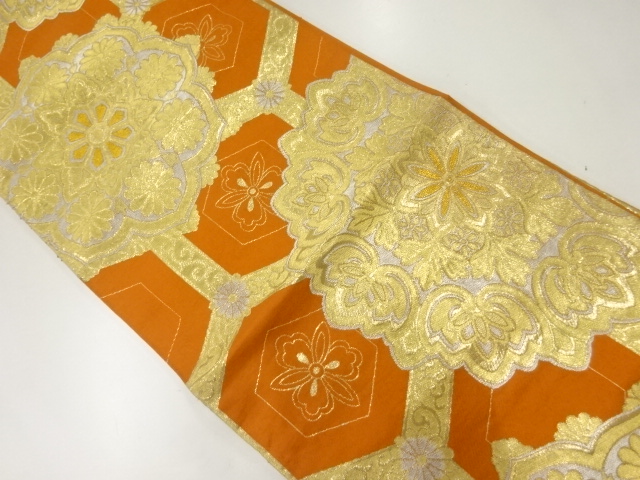 アンティーク　亀甲繋ぎに華文模様織出し袋帯（着用可）